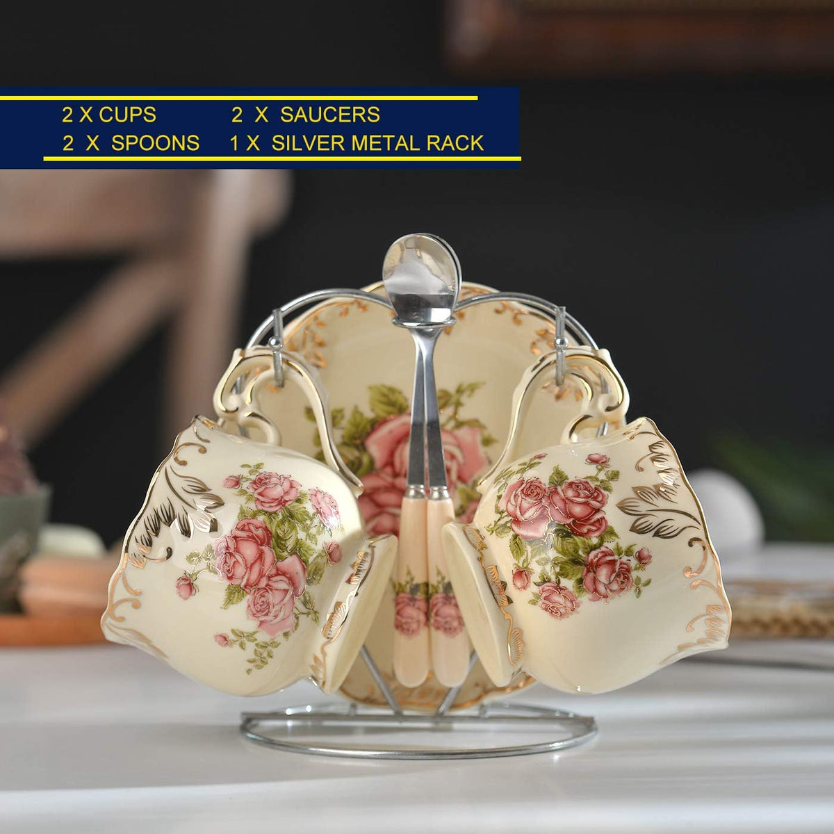 Tea Cups and Saucers Set of 2, 8 OZ Pink Rose Tea Cups Set