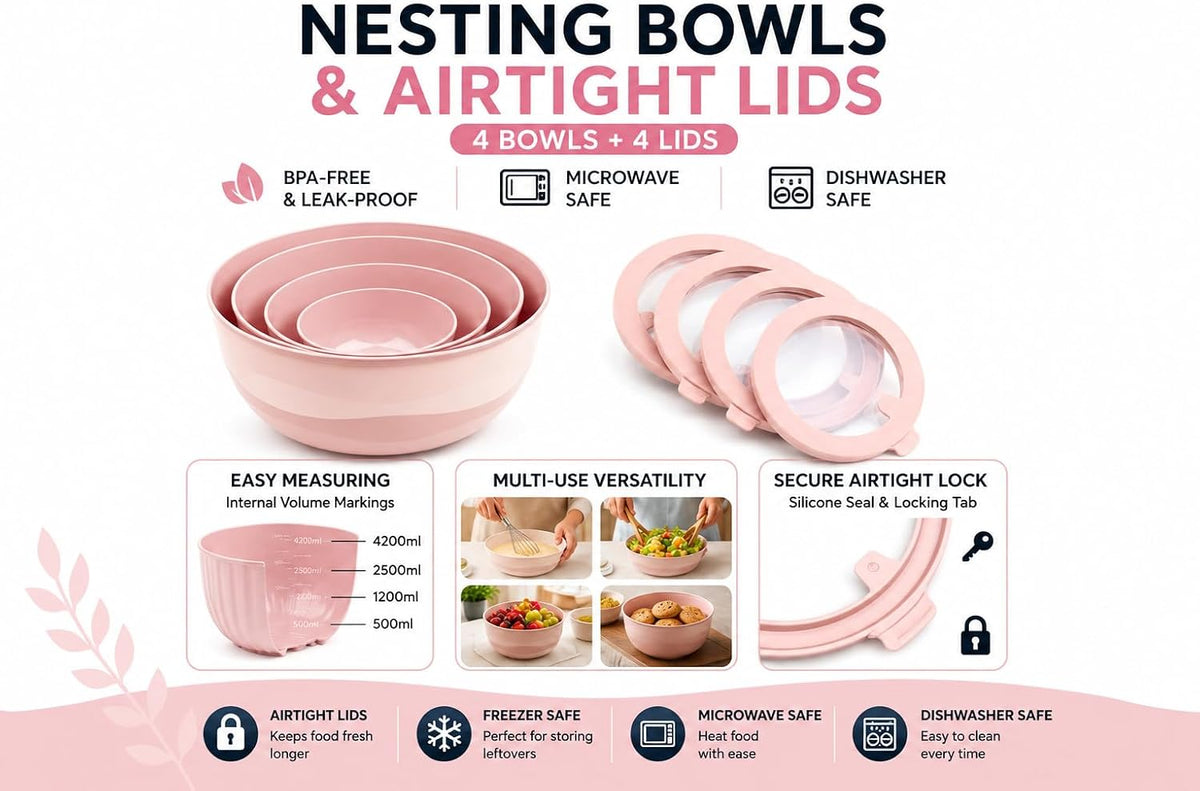 Pera Plastic Mixing Bowls with Lids - 8-Piece Airtight Leak-Proof Nesting BPA-Free Prep Bowl Set for Kitchen & Food Storage, Large 4200ml Capacity, Microwave & Dishwasher Safe (Pink)