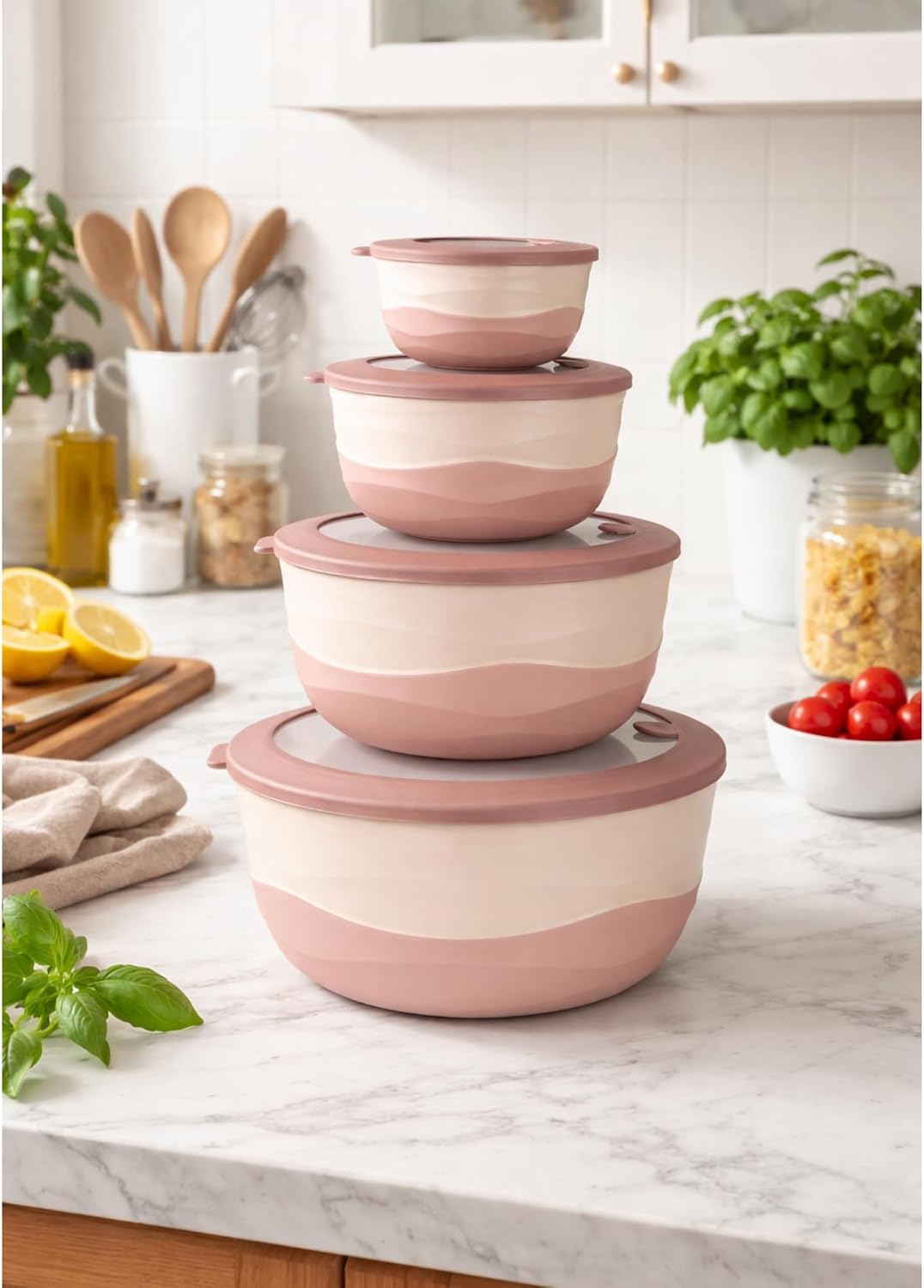 Pera Plastic Mixing Bowls with Lids - 8-Piece Airtight Leak-Proof Nesting BPA-Free Prep Bowl Set for Kitchen & Food Storage, Large 4200ml Capacity, Microwave & Dishwasher Safe (Pink)