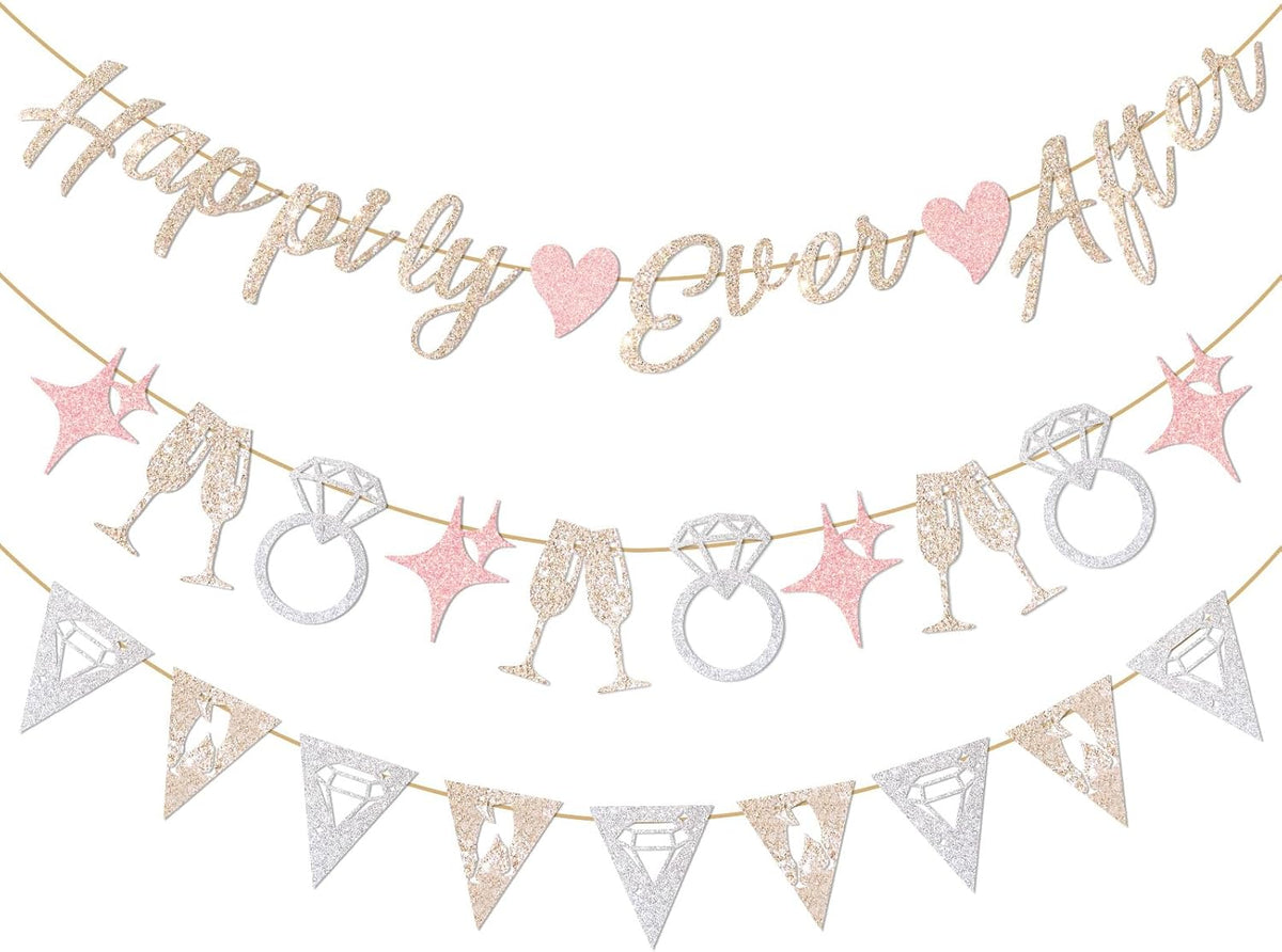 Pre-Strung Happily Ever After Banner Set, Pink & Gold Glitter Wedding Bunting Decorations with Diamond Ring & Champagne Glass Cutouts for Bridal Shower, Engagement Party, Wedding Reception