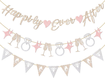 Pre-Strung Happily Ever After Banner Set, Pink & Gold Glitter Wedding Bunting Decorations with Diamond Ring & Champagne Glass Cutouts for Bridal Shower, Engagement Party, Wedding Reception