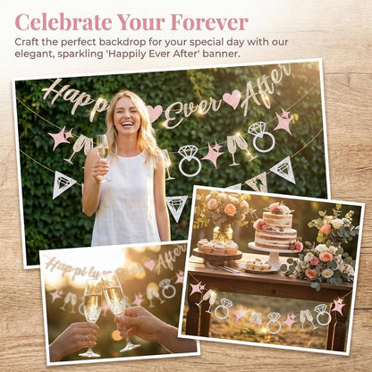 Pre-Strung Happily Ever After Banner Set, Pink & Gold Glitter Wedding Bunting Decorations with Diamond Ring & Champagne Glass Cutouts for Bridal Shower, Engagement Party, Wedding Reception