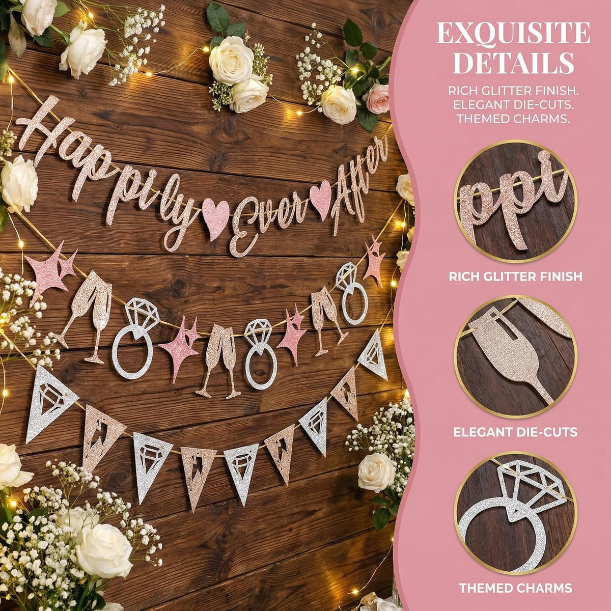 Pre-Strung Happily Ever After Banner Set, Pink & Gold Glitter Wedding Bunting Decorations with Diamond Ring & Champagne Glass Cutouts for Bridal Shower, Engagement Party, Wedding Reception