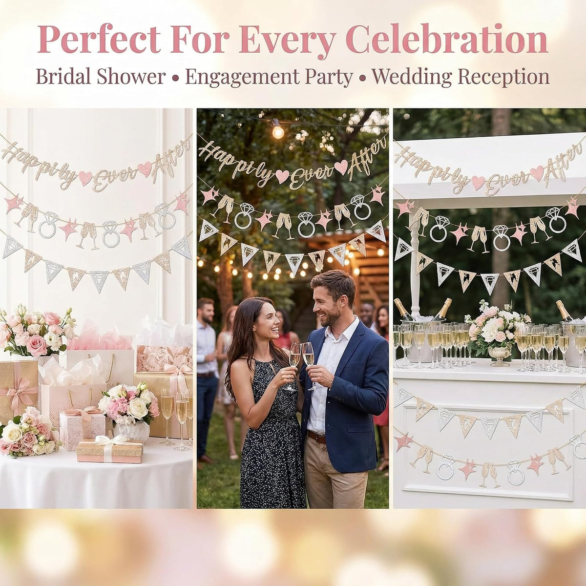 Pre-Strung Happily Ever After Banner Set, Pink & Gold Glitter Wedding Bunting Decorations with Diamond Ring & Champagne Glass Cutouts for Bridal Shower, Engagement Party, Wedding Reception