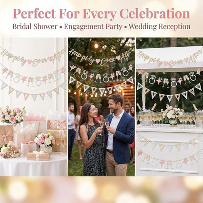 Pre-Strung Happily Ever After Banner Set, Pink & Gold Glitter Wedding Bunting Decorations with Diamond Ring & Champagne Glass Cutouts for Bridal Shower, Engagement Party, Wedding Reception