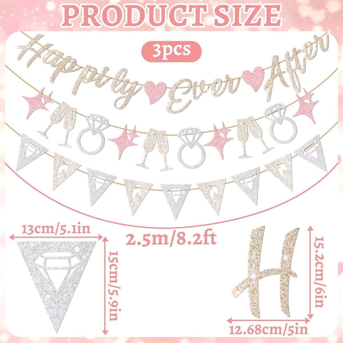 Pre-Strung Happily Ever After Banner Set, Pink & Gold Glitter Wedding Bunting Decorations with Diamond Ring & Champagne Glass Cutouts for Bridal Shower, Engagement Party, Wedding Reception