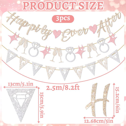 Pre-Strung Happily Ever After Banner Set, Pink & Gold Glitter Wedding Bunting Decorations with Diamond Ring & Champagne Glass Cutouts for Bridal Shower, Engagement Party, Wedding Reception
