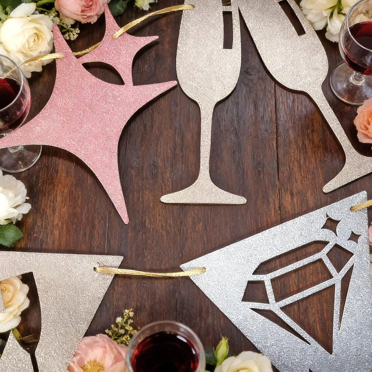 Pre-Strung Happily Ever After Banner Set, Pink & Gold Glitter Wedding Bunting Decorations with Diamond Ring & Champagne Glass Cutouts for Bridal Shower, Engagement Party, Wedding Reception