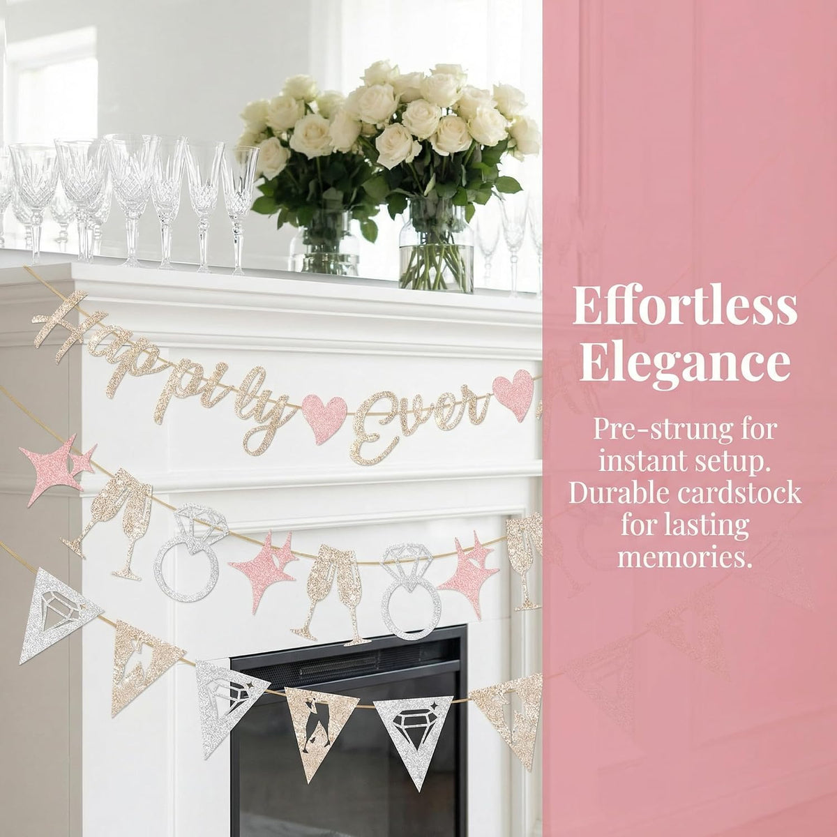 Pre-Strung Happily Ever After Banner Set, Pink & Gold Glitter Wedding Bunting Decorations with Diamond Ring & Champagne Glass Cutouts for Bridal Shower, Engagement Party, Wedding Reception