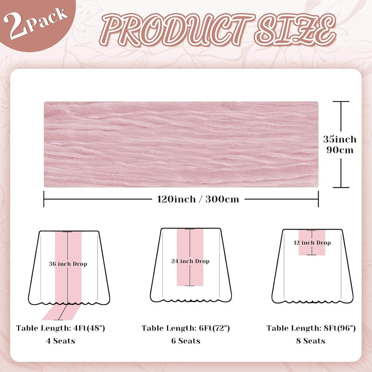 2 Pack Cheesecloth Table Runner, 120 Inch Pink Table Runner for Decor