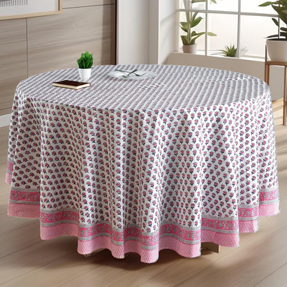 CPC Pink Sapphire Block Print Cotton Tablecloth Round 90 Inch Home Decor