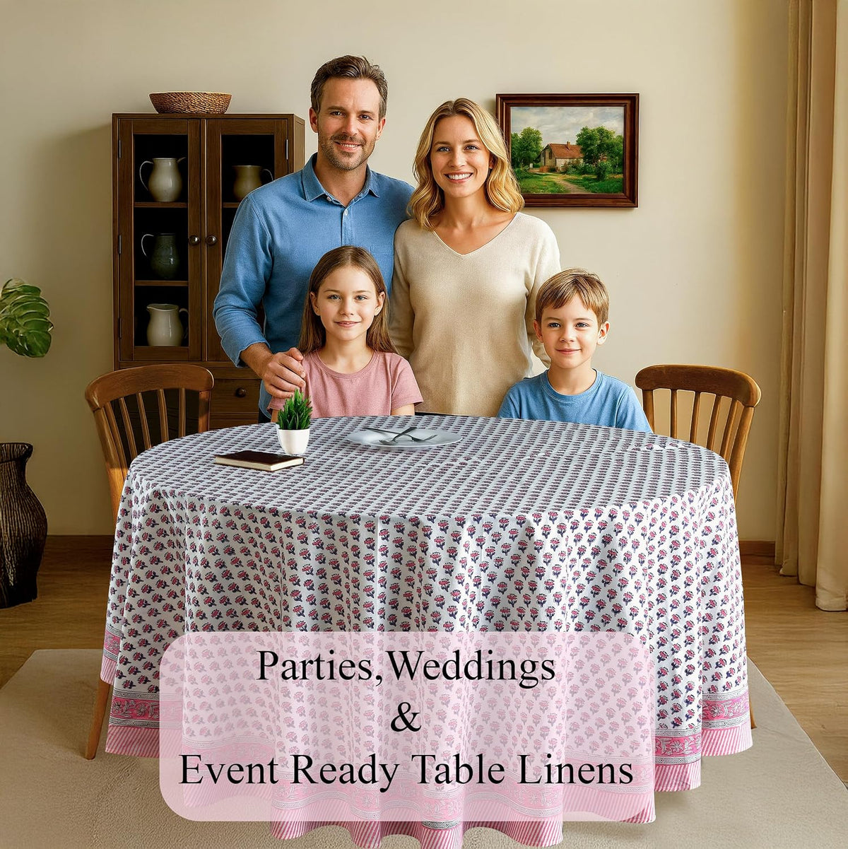 CPC Pink Sapphire Block Print Cotton Tablecloth Round 90 Inch Home Decor