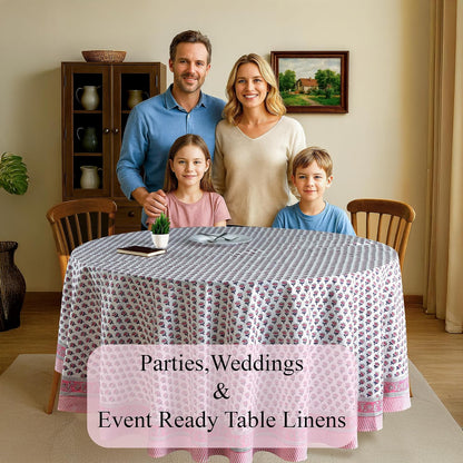 CPC Pink Sapphire Block Print Cotton Tablecloth Round 90 Inch Home Decor