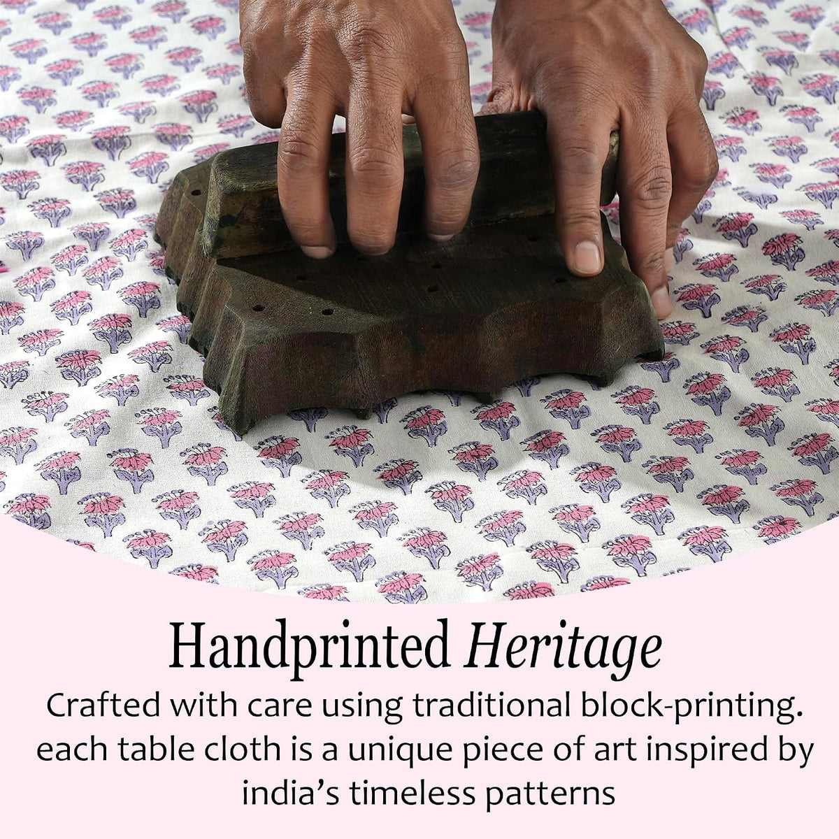 CPC Pink Sapphire Block Print Cotton Tablecloth Round 90 Inch Home Decor