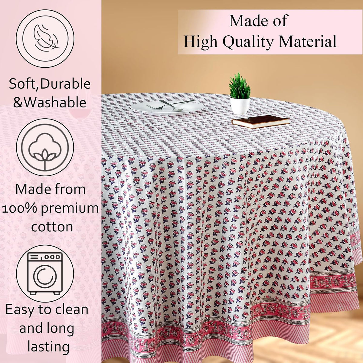 CPC Pink Sapphire Block Print Cotton Tablecloth Round 90 Inch Home Decor