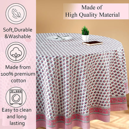 CPC Pink Sapphire Block Print Cotton Tablecloth Round 90 Inch Home Decor