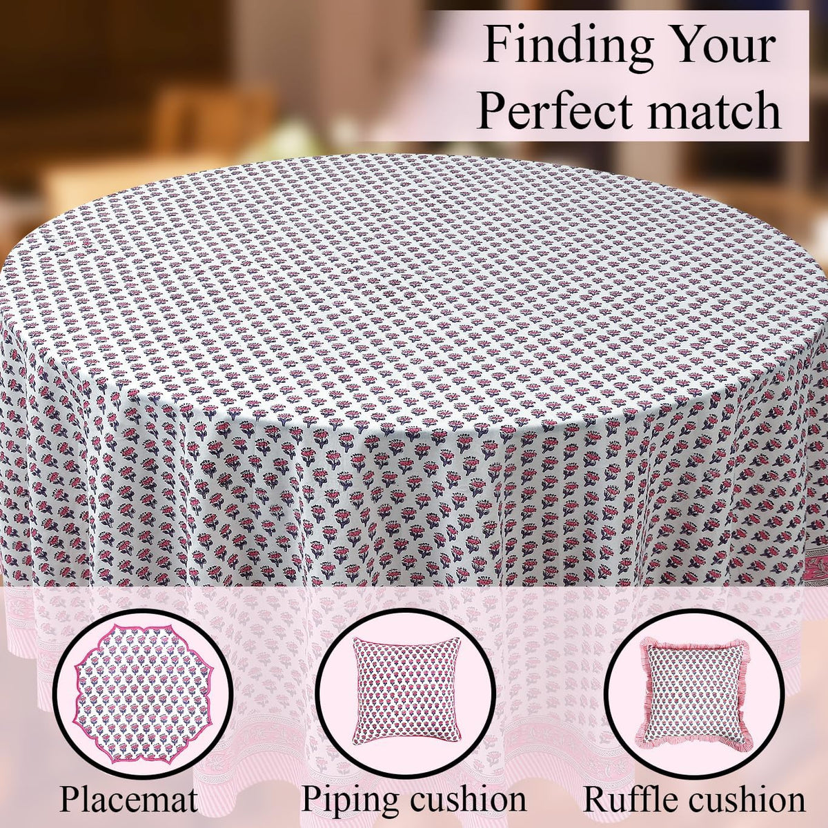 CPC Pink Sapphire Block Print Cotton Tablecloth Round 90 Inch Home Decor