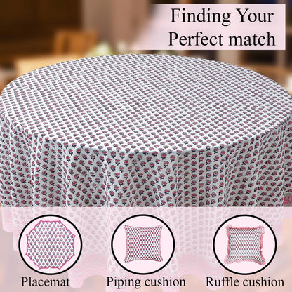 CPC Pink Sapphire Block Print Cotton Tablecloth Round 90 Inch Home Decor