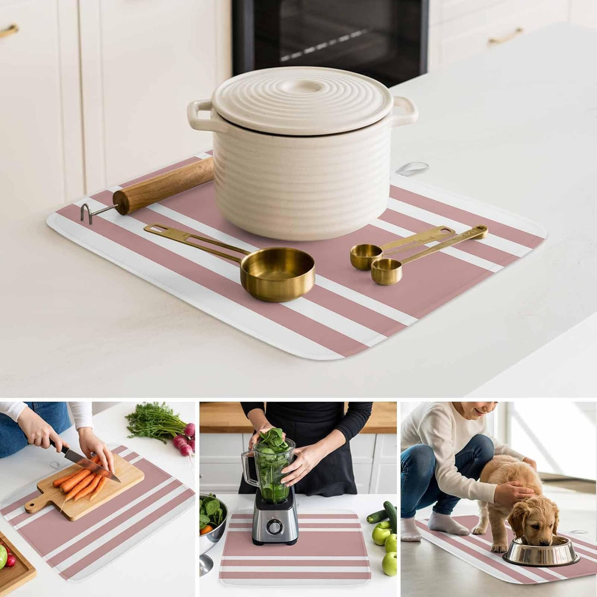 Dish Drying Mat Geometric Pattern Kitchen Counter Drying Pad for Dishes Glasses Cups and Cookware Pink Stripe Absorbent Dish Drying Mat Machine Washable Kitchen Accessories 18" x 24"