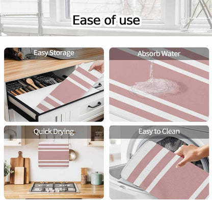 Dish Drying Mat Geometric Pattern Kitchen Counter Drying Pad for Dishes Glasses Cups and Cookware Pink Stripe Absorbent Dish Drying Mat Machine Washable Kitchen Accessories 18" x 24"
