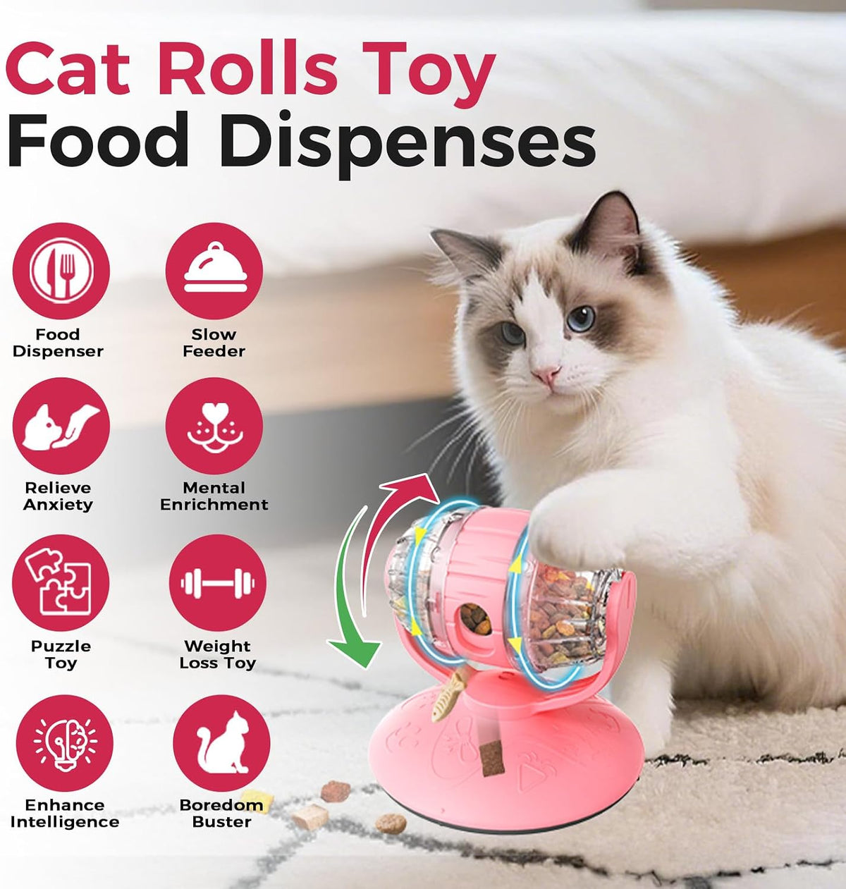 Cats Slow Feeder 4.6" High Cat & Dog Dry Food Dispenser Toy with Wine Barrel Spinner, Treat Dispenser for Boredom & Anxiety Relief, IQ Training for Small/Medium Pets (Pink)