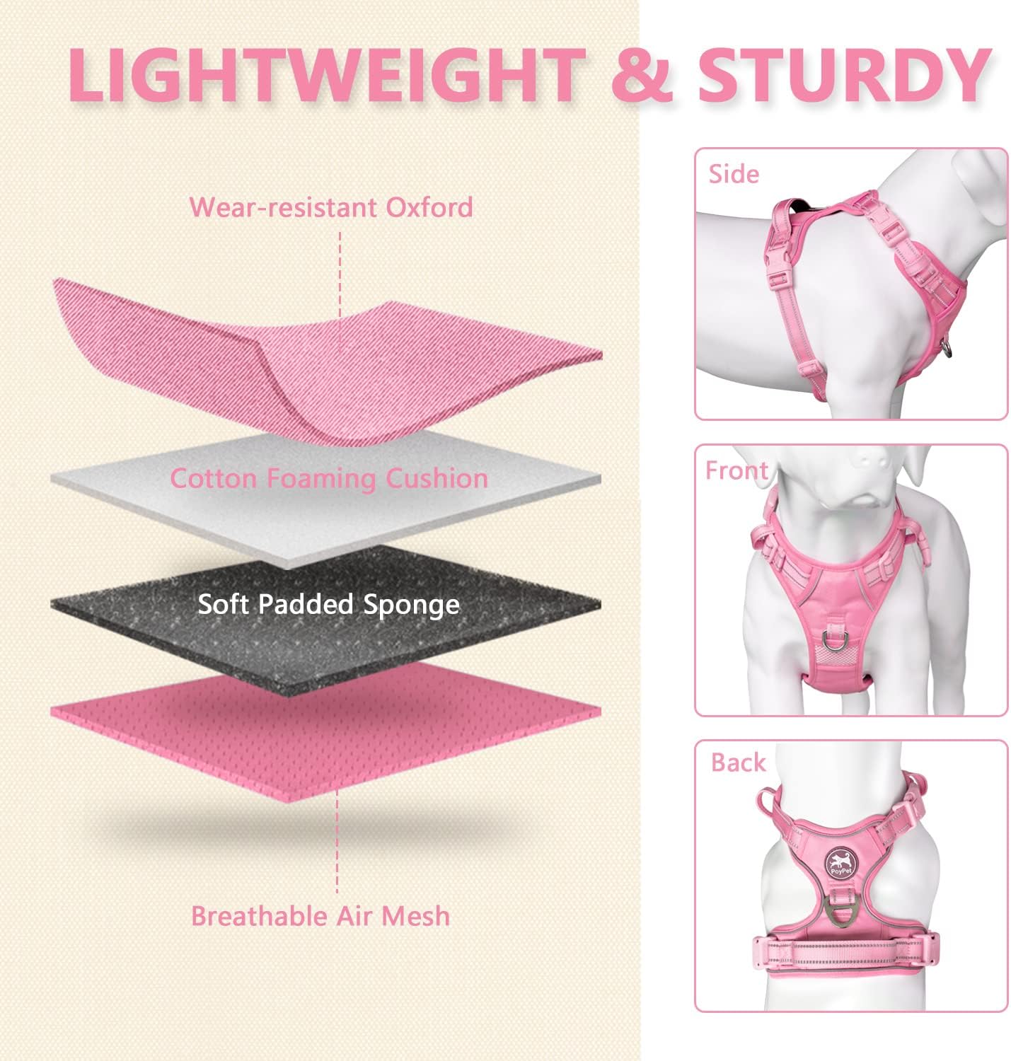 No Pull Dog Harness, No Choke Reflective Dog Vest, Adjustable Pet Harnesses with Easy Control Padded Handle for Small Medium Large Dogs(Light Pink Matching Trim,S)