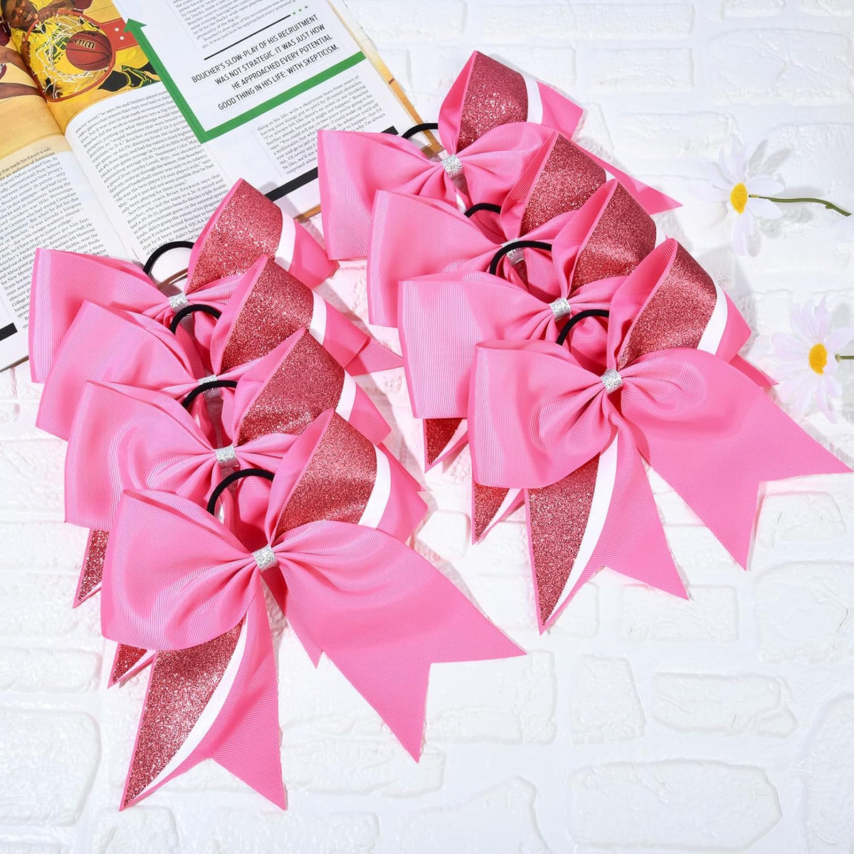 8PCS Cheer Bows Bulk Glitter Cheerleading Bows Girls Hair Bows Pink Cheer Bows Elastic Band Ponytail Holder for Cheerleaders Teen Girls College Sports Competition