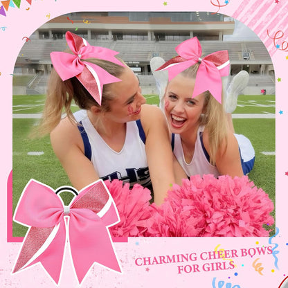 8PCS Cheer Bows Bulk Glitter Cheerleading Bows Girls Hair Bows Pink Cheer Bows Elastic Band Ponytail Holder for Cheerleaders Teen Girls College Sports Competition