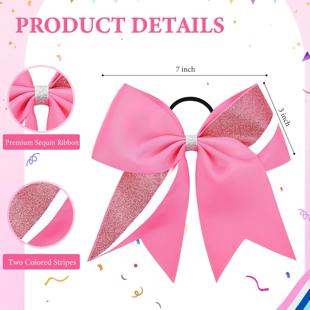 8PCS Cheer Bows Bulk Glitter Cheerleading Bows Girls Hair Bows Pink Cheer Bows Elastic Band Ponytail Holder for Cheerleaders Teen Girls College Sports Competition