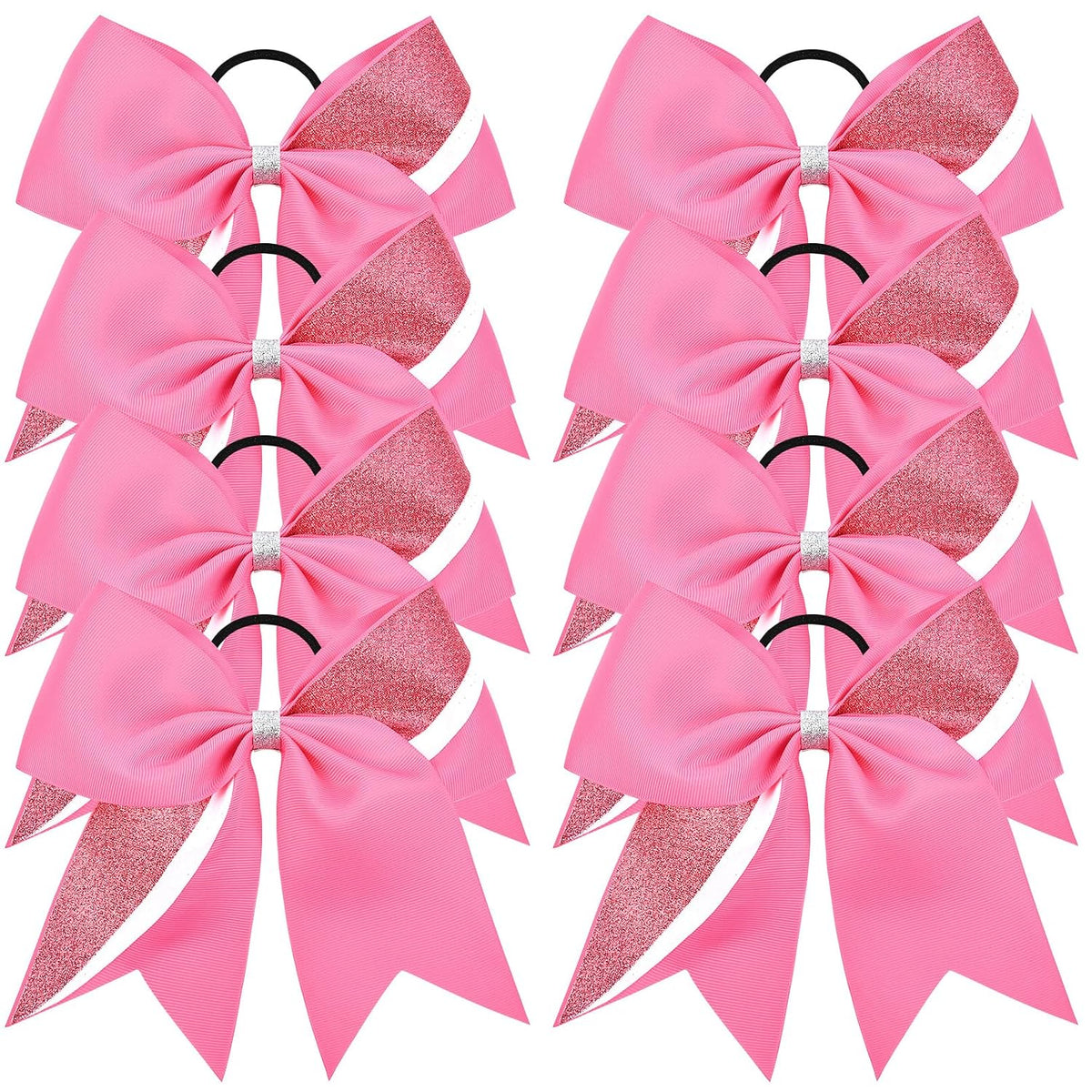 8PCS Cheer Bows Bulk Glitter Cheerleading Bows Girls Hair Bows Pink Cheer Bows Elastic Band Ponytail Holder for Cheerleaders Teen Girls College Sports Competition