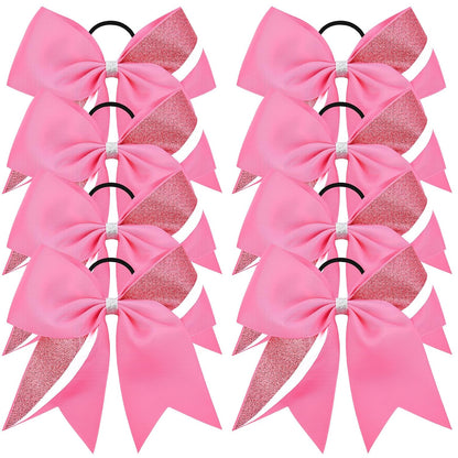 8PCS Cheer Bows Bulk Glitter Cheerleading Bows Girls Hair Bows Pink Cheer Bows Elastic Band Ponytail Holder for Cheerleaders Teen Girls College Sports Competition