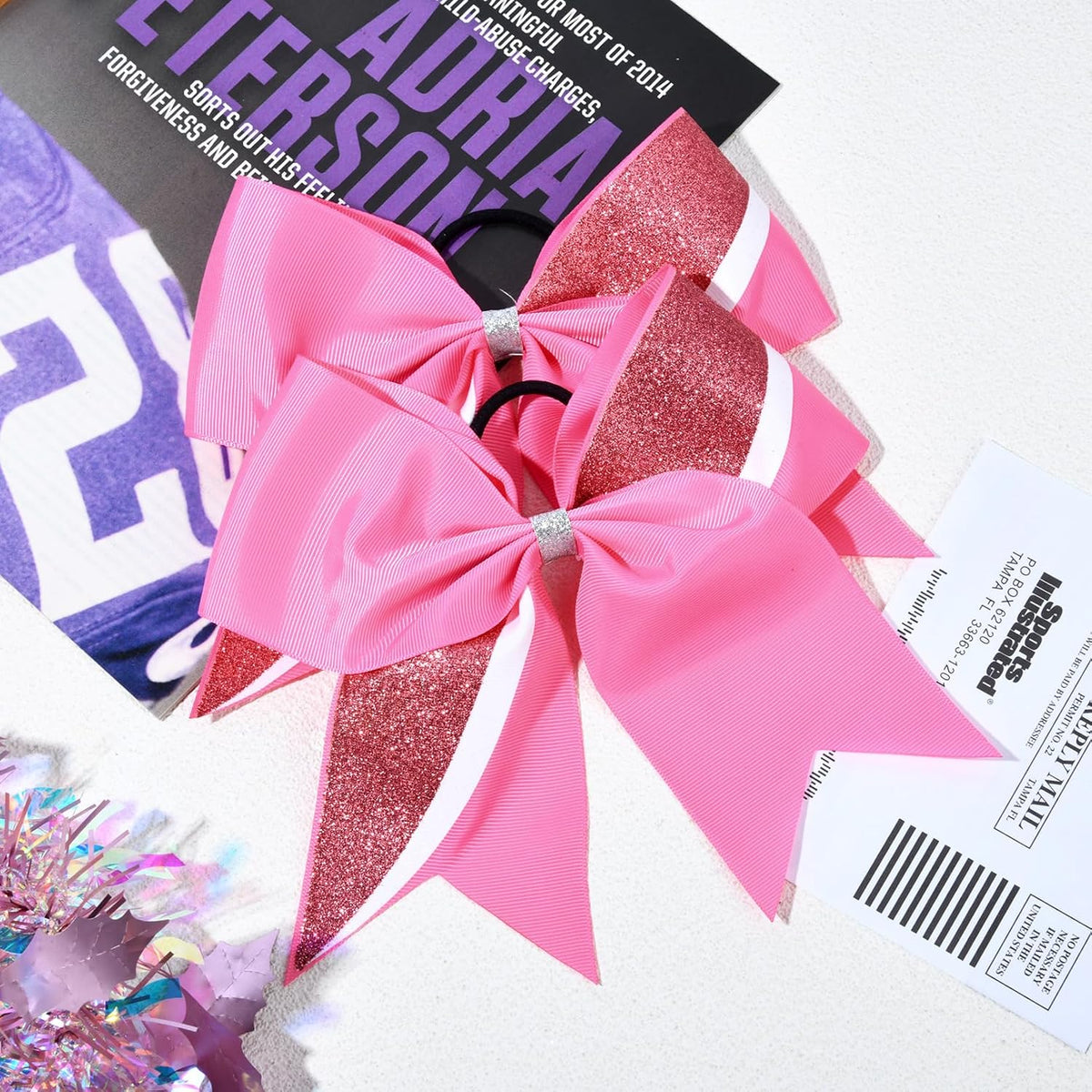 8PCS Cheer Bows Bulk Glitter Cheerleading Bows Girls Hair Bows Pink Cheer Bows Elastic Band Ponytail Holder for Cheerleaders Teen Girls College Sports Competition
