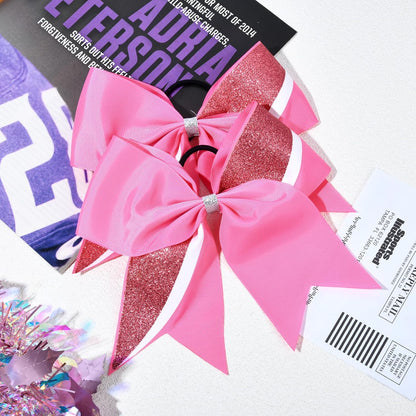 8PCS Cheer Bows Bulk Glitter Cheerleading Bows Girls Hair Bows Pink Cheer Bows Elastic Band Ponytail Holder for Cheerleaders Teen Girls College Sports Competition