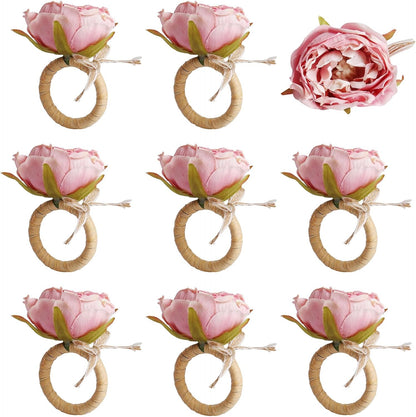 Flower Napkin Rings Set of 8, Handmade Pink Rose Napkin Rings with Jute Bow Tie Rustic Dinner Napkin Holder for Valentine's Day, Wedding, Dinners, Parties Table Decoration