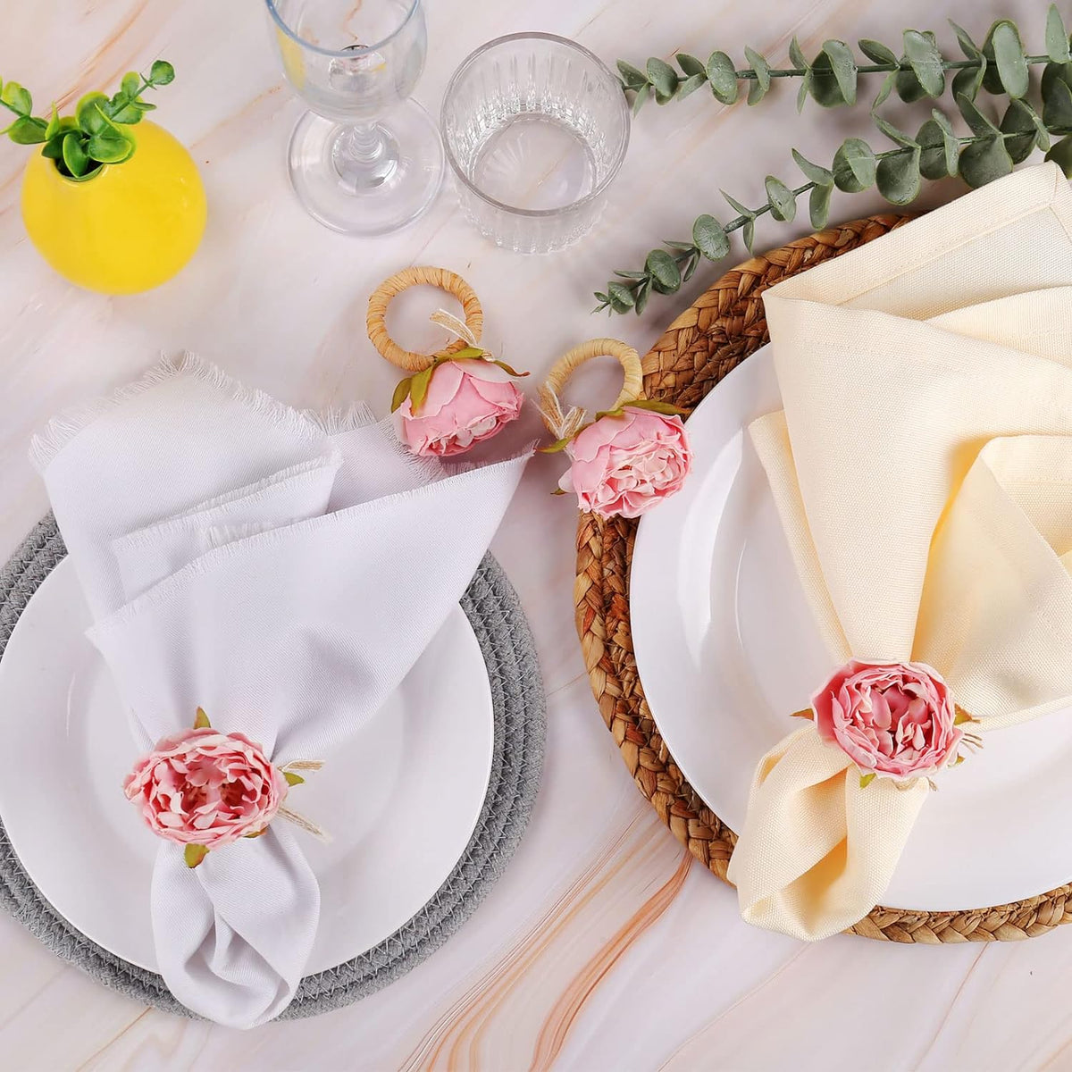 Flower Napkin Rings Set of 8, Handmade Pink Rose Napkin Rings with Jute Bow Tie Rustic Dinner Napkin Holder for Valentine's Day, Wedding, Dinners, Parties Table Decoration