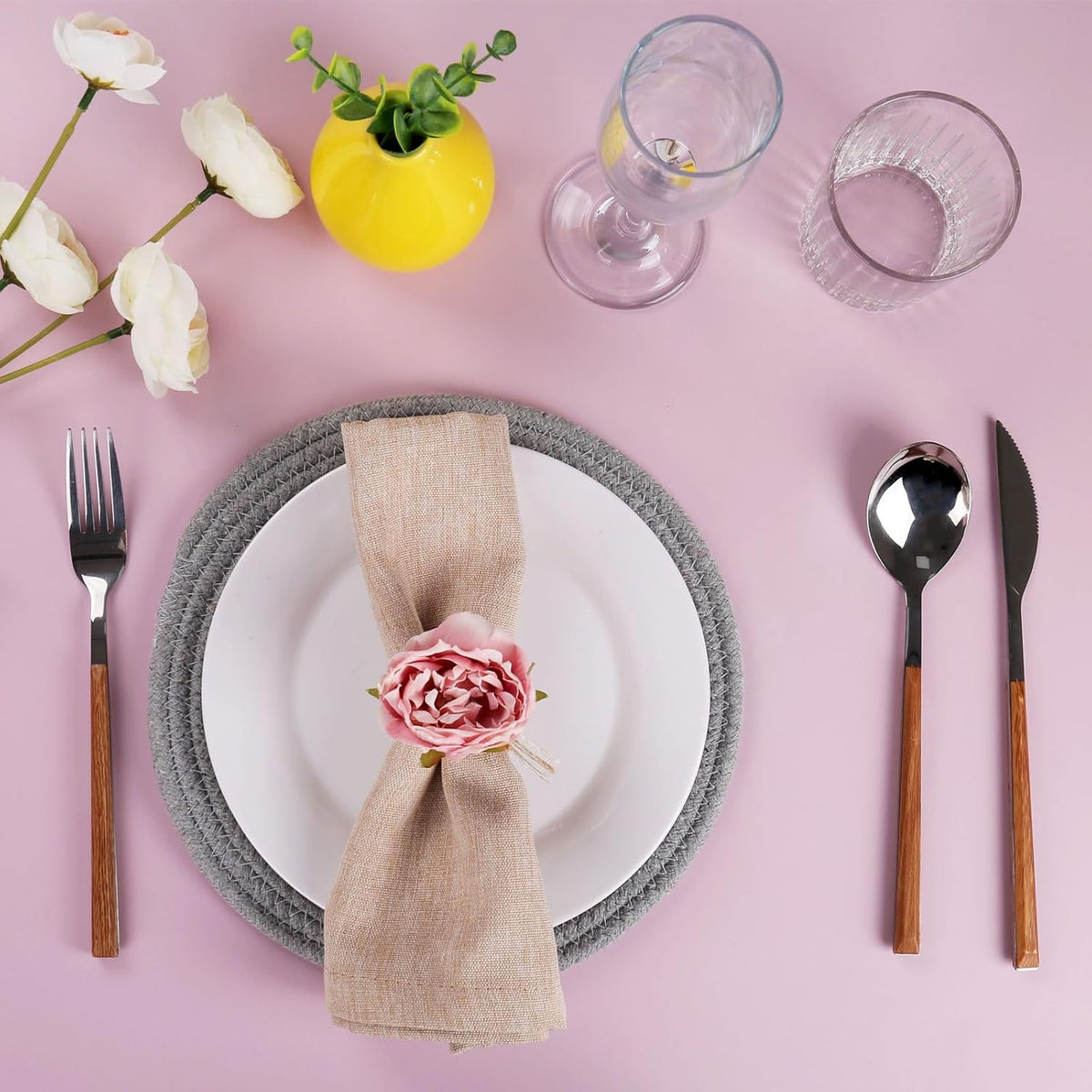 Flower Napkin Rings Set of 8, Handmade Pink Rose Napkin Rings with Jute Bow Tie Rustic Dinner Napkin Holder for Valentine's Day, Wedding, Dinners, Parties Table Decoration