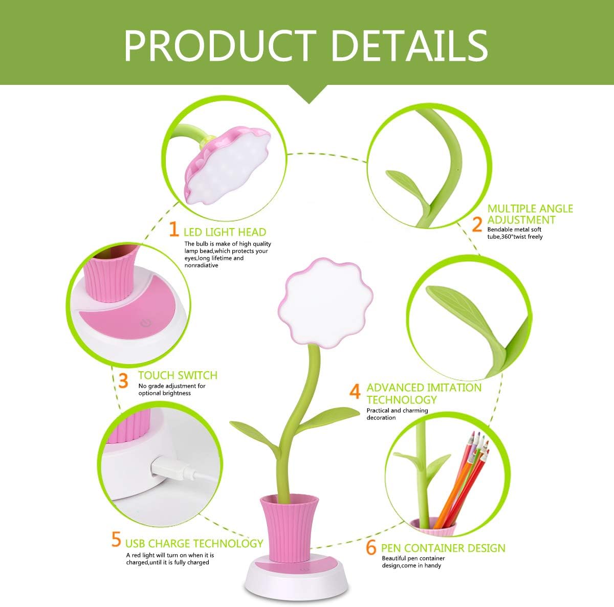 Desk Lamp for Kids Sunflower LED Charging Table Lamp Support Eye Protection Small Desk Folding for Reading,Study and Office, Adjustable Brightness - Pink