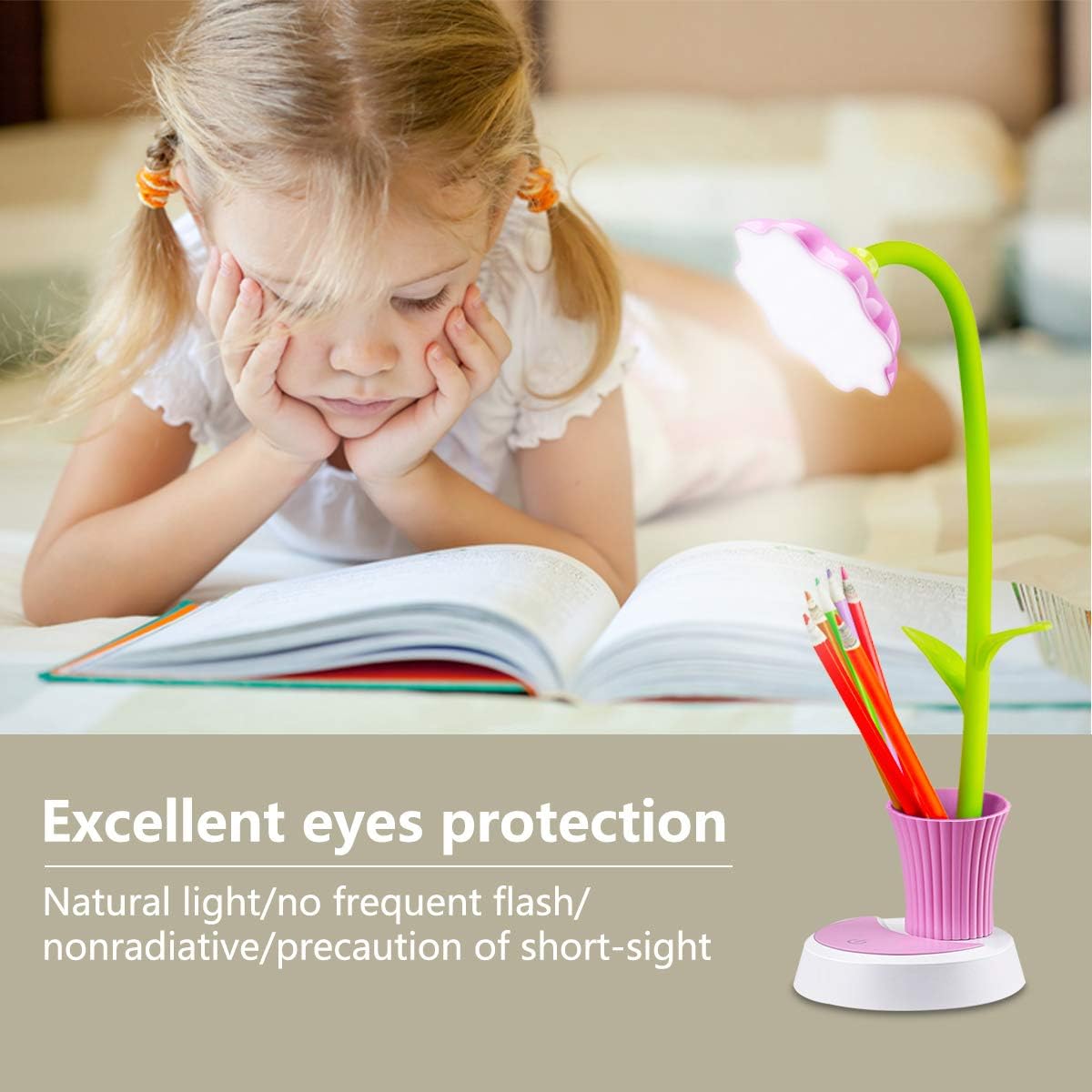 Desk Lamp for Kids Sunflower LED Charging Table Lamp Support Eye Protection Small Desk Folding for Reading,Study and Office, Adjustable Brightness - Pink