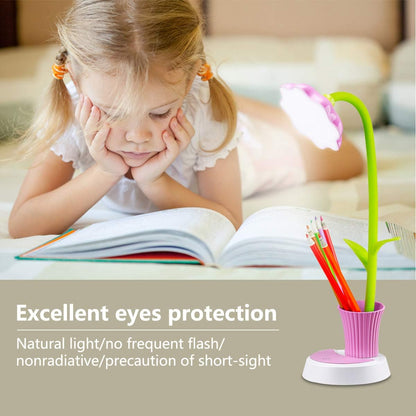 Desk Lamp for Kids Sunflower LED Charging Table Lamp Support Eye Protection Small Desk Folding for Reading,Study and Office, Adjustable Brightness - Pink