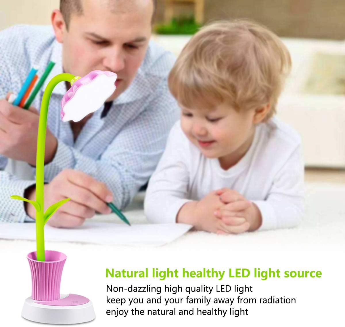 Desk Lamp for Kids Sunflower LED Charging Table Lamp Support Eye Protection Small Desk Folding for Reading,Study and Office, Adjustable Brightness - Pink