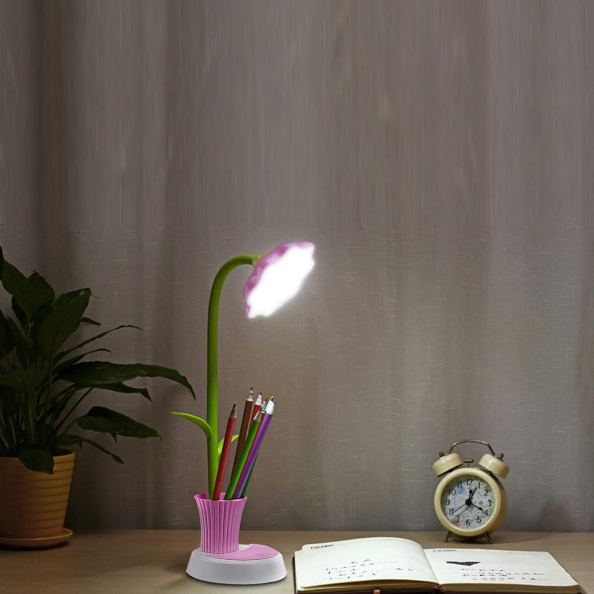 Desk Lamp for Kids Sunflower LED Charging Table Lamp Support Eye Protection Small Desk Folding for Reading,Study and Office, Adjustable Brightness - Pink