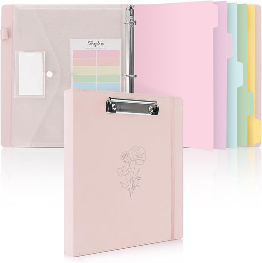 Pink 3 Ring Binder with Clipboard,1 Inch Linen Binder for 3 Hole Punch Letter Size Loose Leaf Paper with 5 Dividers, Pocket and Labels School and Office Supplies