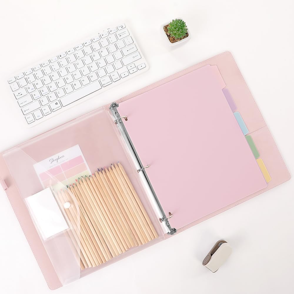 Pink 3 Ring Binder with Clipboard,1 Inch Linen Binder for 3 Hole Punch Letter Size Loose Leaf Paper with 5 Dividers, Pocket and Labels School and Office Supplies