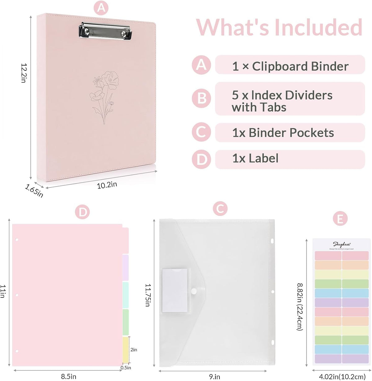 Pink 3 Ring Binder with Clipboard,1 Inch Linen Binder for 3 Hole Punch Letter Size Loose Leaf Paper with 5 Dividers, Pocket and Labels School and Office Supplies