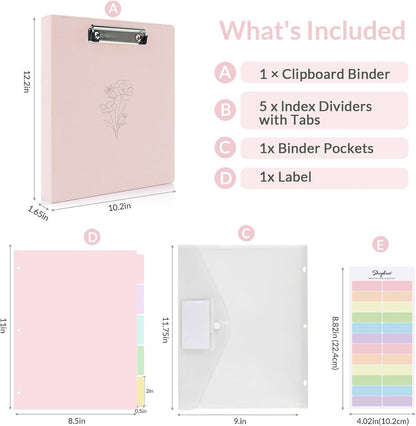 Pink 3 Ring Binder with Clipboard,1 Inch Linen Binder for 3 Hole Punch Letter Size Loose Leaf Paper with 5 Dividers, Pocket and Labels School and Office Supplies