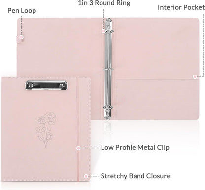 Pink 3 Ring Binder with Clipboard,1 Inch Linen Binder for 3 Hole Punch Letter Size Loose Leaf Paper with 5 Dividers, Pocket and Labels School and Office Supplies