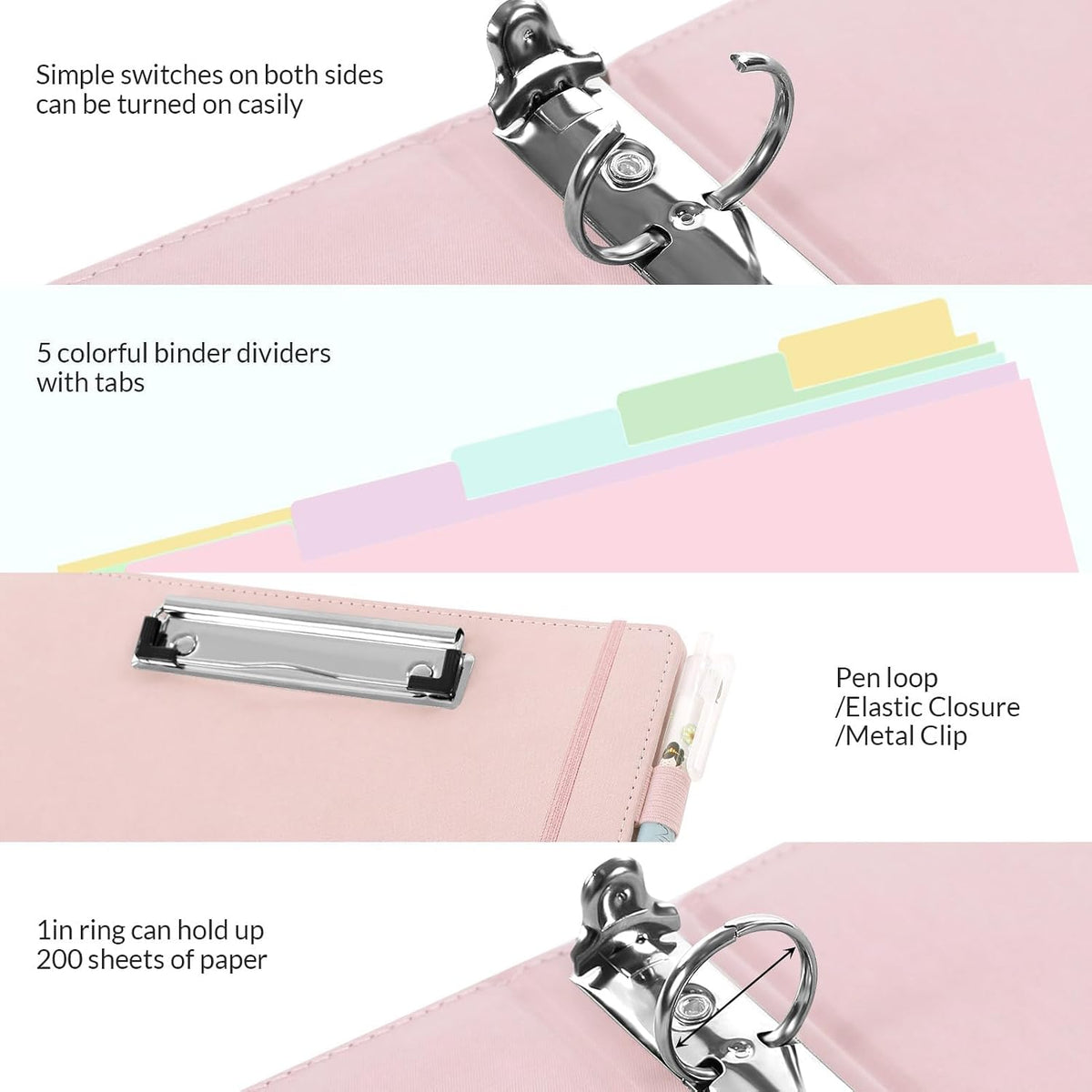 Pink 3 Ring Binder with Clipboard,1 Inch Linen Binder for 3 Hole Punch Letter Size Loose Leaf Paper with 5 Dividers, Pocket and Labels School and Office Supplies
