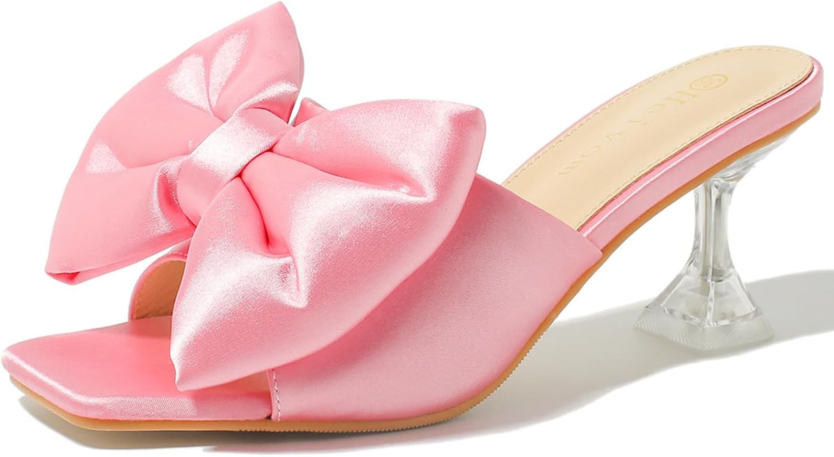 Women's Bow Clear Heels Slippers Dress Sandals Square Toe Stiletto Mules Slip on Wedding Prom Shoes