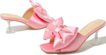 Women's Bow Clear Heels Slippers Dress Sandals Square Toe Stiletto Mules Slip on Wedding Prom Shoes