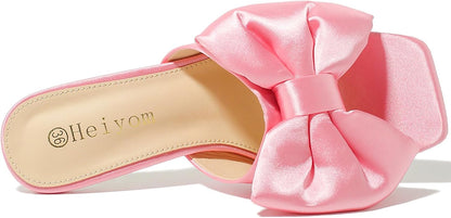 Women's Bow Clear Heels Slippers Dress Sandals Square Toe Stiletto Mules Slip on Wedding Prom Shoes
